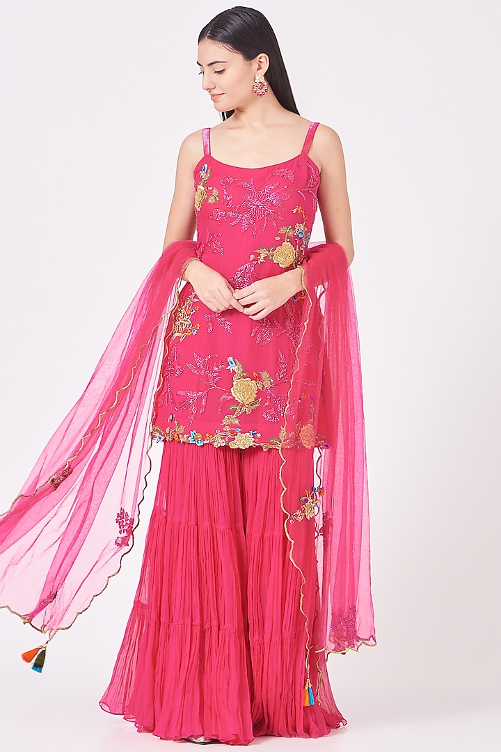 Hot Pink Layered Sharara Set by AMAN TAKYAR