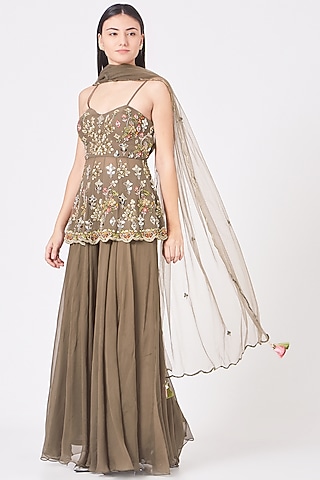 Mouse Brown Georgette Sharara Set by AMAN TAKYAR