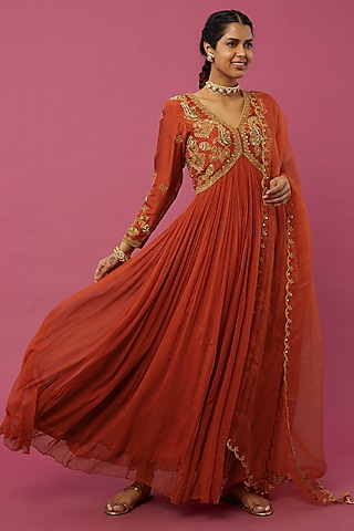 Rust Embroidered Anarkali Set by AMAN TAKYAR