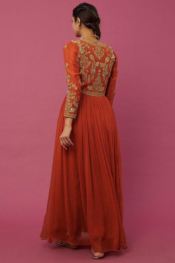 Rust Embroidered Wedding Anarkali Set by AMAN TAKYAR at Pernia's Pop Up Shop