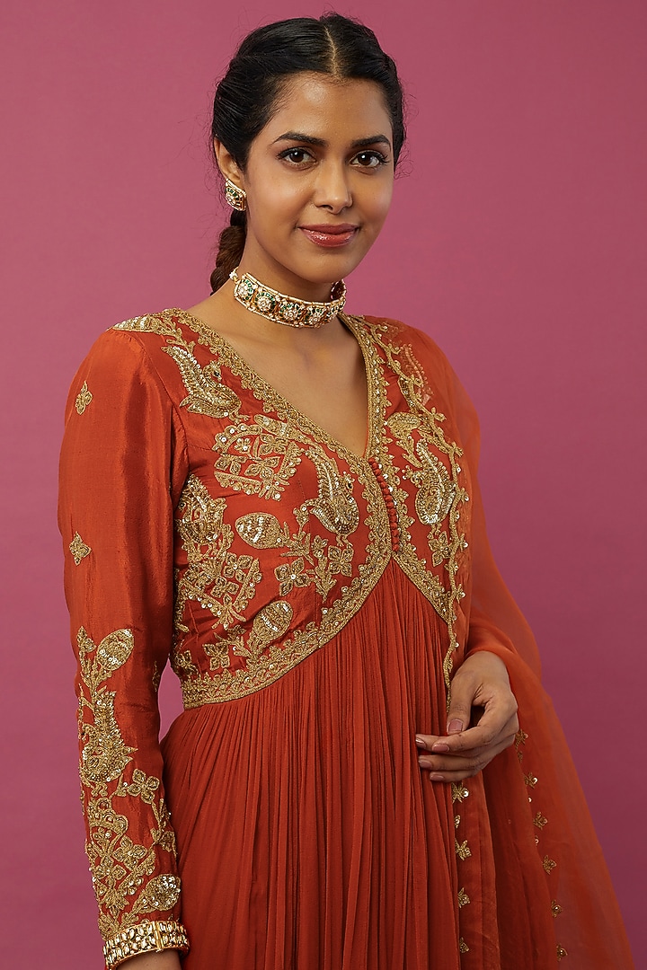 Rust Embroidered Wedding Anarkali Set by AMAN TAKYAR at Pernia's Pop Up Shop
