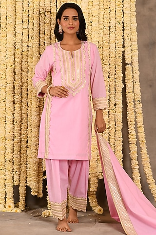 Bubblegum Pink Cotton Mulmul Embroidered Kurta Set by Amrita Artisanal