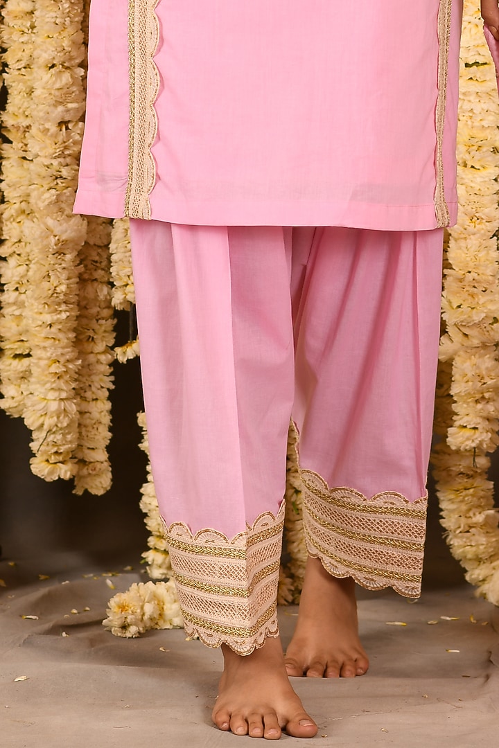 Bubblegum Pink Cotton Mulmul Embroidered Kurta Set by Amrita Artisanal at Pernia's Pop Up Shop