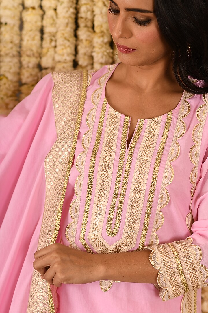 Bubblegum Pink Cotton Mulmul Embroidered Kurta Set by Amrita Artisanal at Pernia's Pop Up Shop