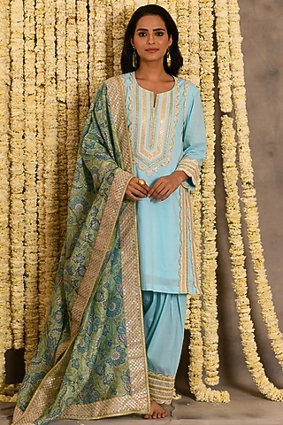 Aqua Blue Cotton Mulmul Embroidered Kurta Set by Amrita Artisanal