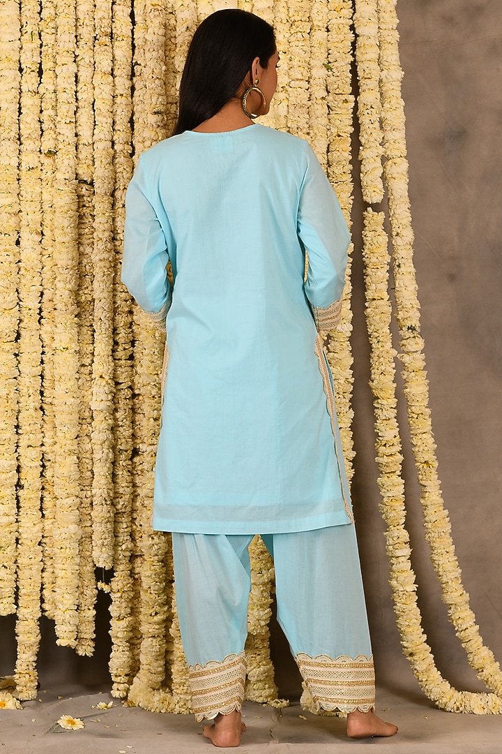 Aqua Blue Cotton Mulmul Embroidered Kurta Set by Amrita Artisanal at Pernia's Pop Up Shop