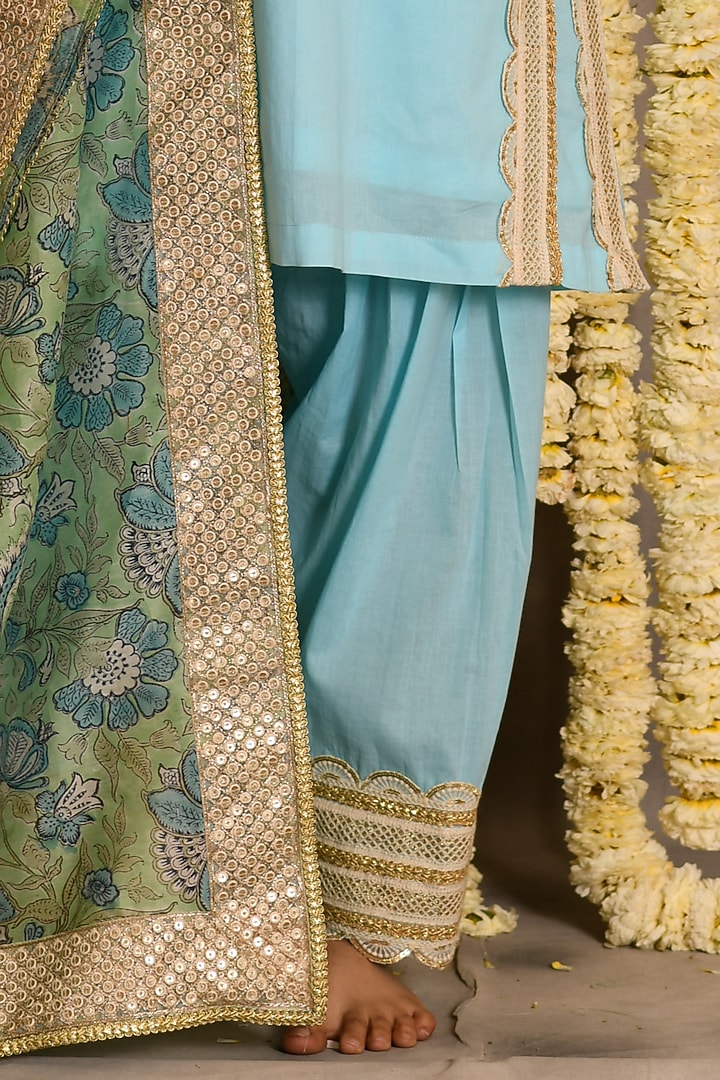 Aqua Blue Cotton Mulmul Embroidered Kurta Set by Amrita Artisanal at Pernia's Pop Up Shop