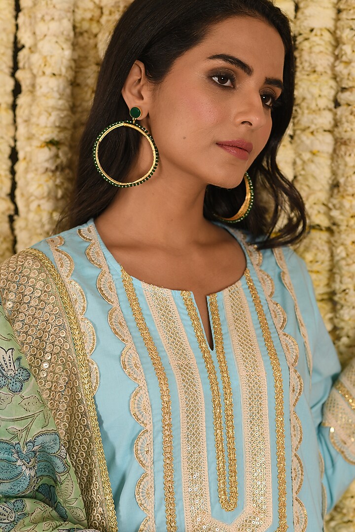 Aqua Blue Cotton Mulmul Embroidered Kurta Set by Amrita Artisanal at Pernia's Pop Up Shop