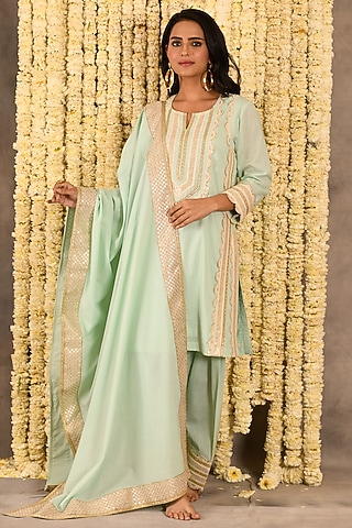 Aqua Green Cotton Mulmul Embroidered Kurta Set by Amrita Artisanal