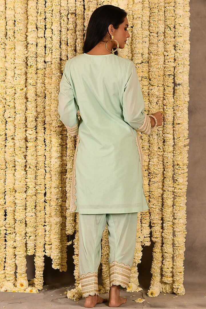 Aqua Green Cotton Mulmul Embroidered Kurta Set by Amrita Artisanal at Pernia's Pop Up Shop