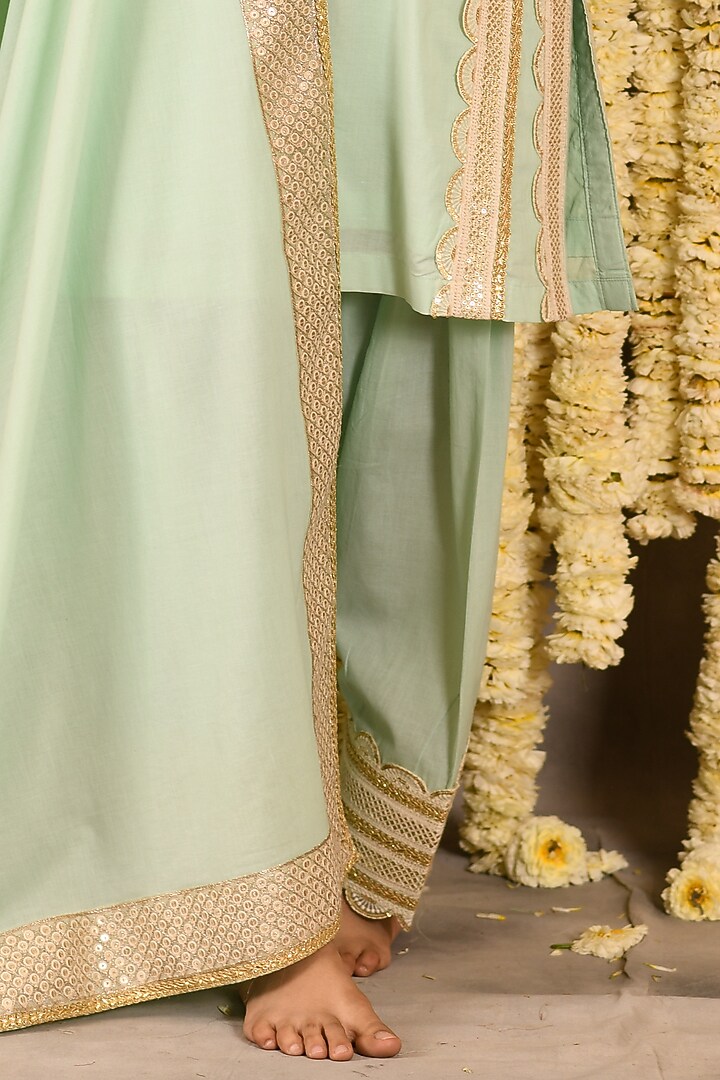 Aqua Green Cotton Mulmul Embroidered Kurta Set by Amrita Artisanal at Pernia's Pop Up Shop