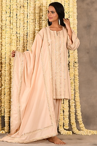 Sugared Peach Cotton Mulmul Embroidered Kurta Set by Amrita Artisanal