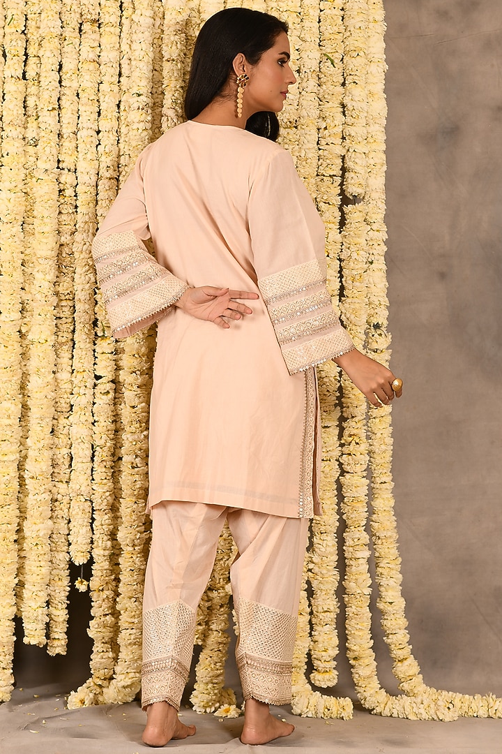 Sugared Peach Cotton Mulmul Embroidered Kurta Set by Amrita Artisanal at Pernia's Pop Up Shop