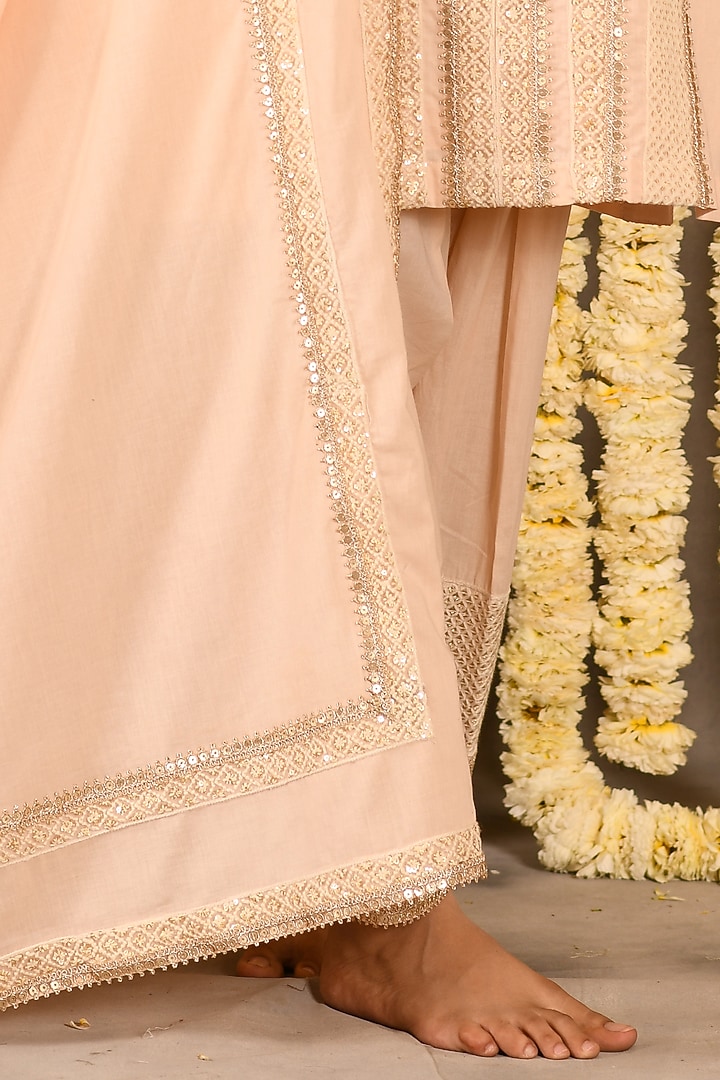 Sugared Peach Cotton Mulmul Embroidered Kurta Set by Amrita Artisanal at Pernia's Pop Up Shop