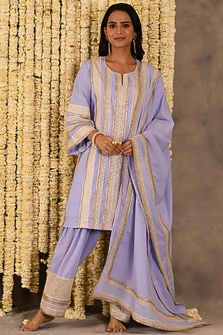 Lilac Purple Cotton Mulmul Embroidered Kurta Set by Amrita Artisanal