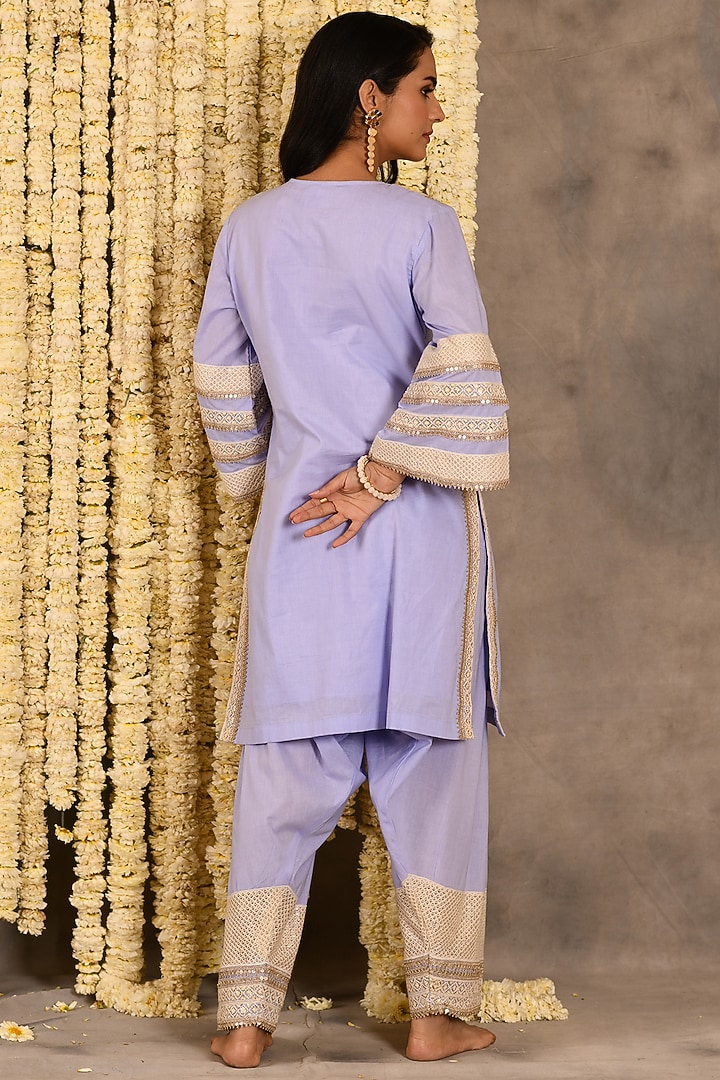 Lilac Purple Cotton Mulmul Embroidered Kurta Set by Amrita Artisanal at Pernia's Pop Up Shop