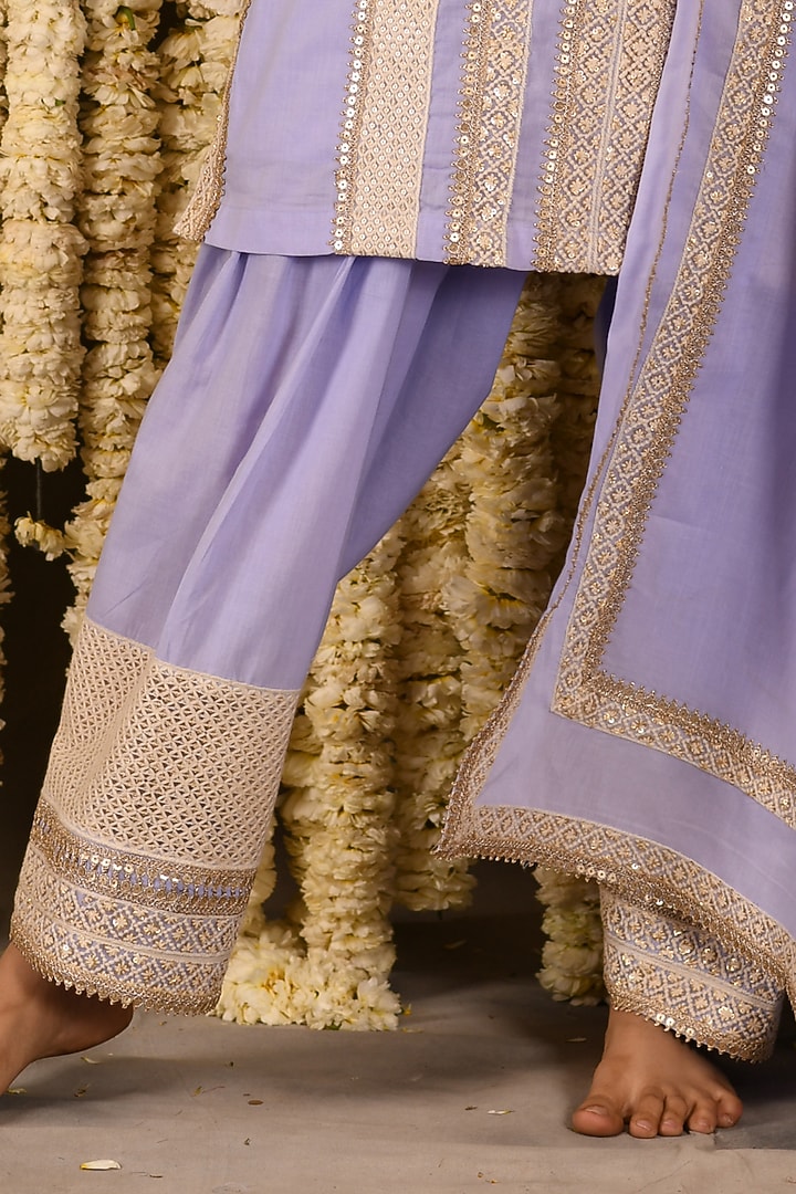 Lilac Purple Cotton Mulmul Embroidered Kurta Set by Amrita Artisanal at Pernia's Pop Up Shop