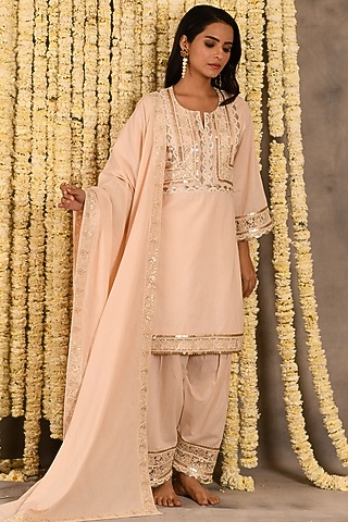Sugared Peach Cotton Mulmul Embroidered Kurta Set by Amrita Artisanal