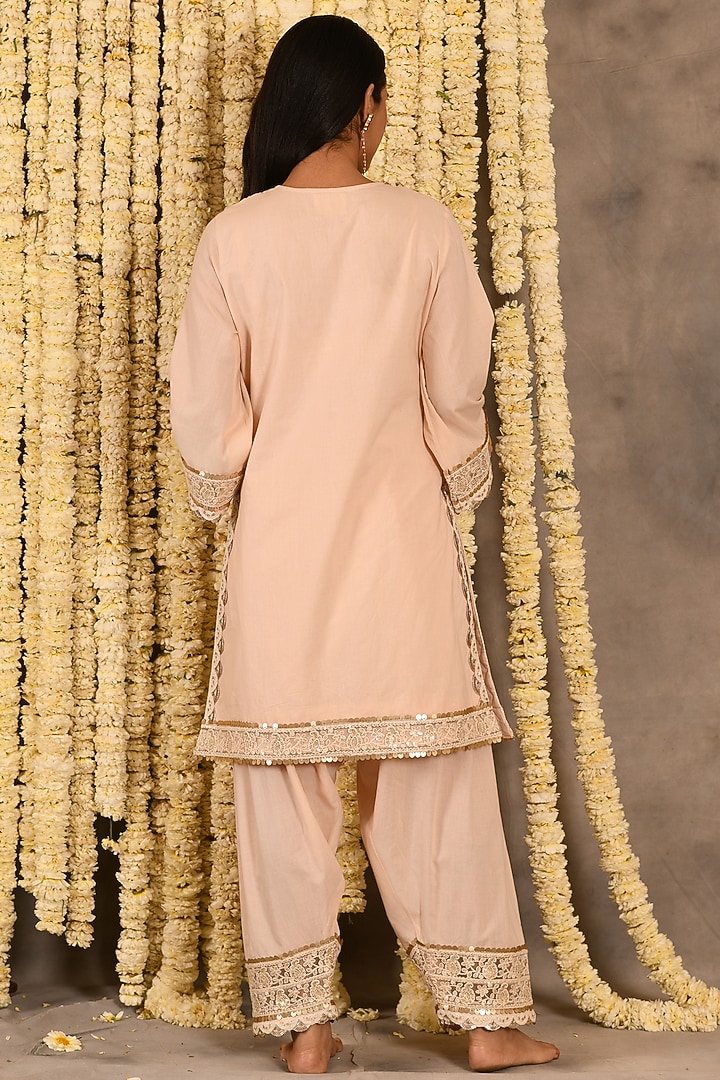 Sugared Peach Cotton Mulmul Embroidered Kurta Set by Amrita Artisanal at Pernia's Pop Up Shop