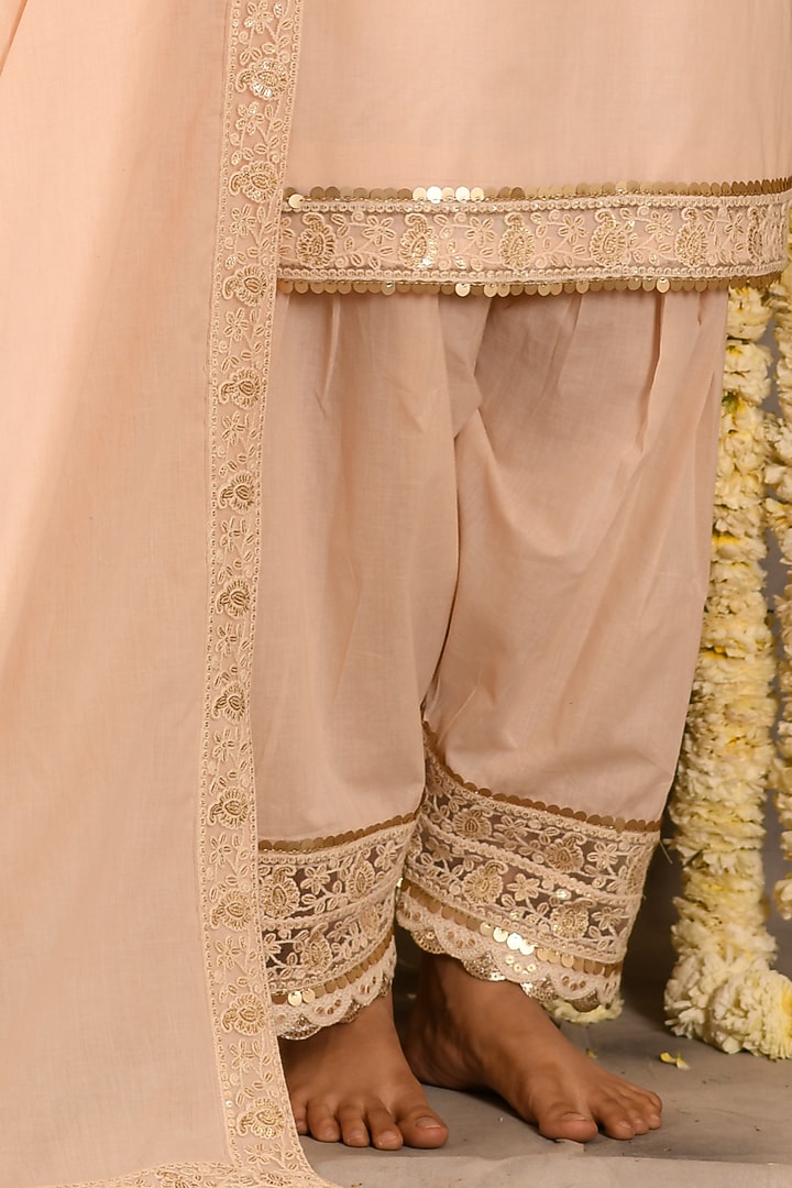 Sugared Peach Cotton Mulmul Embroidered Kurta Set by Amrita Artisanal at Pernia's Pop Up Shop