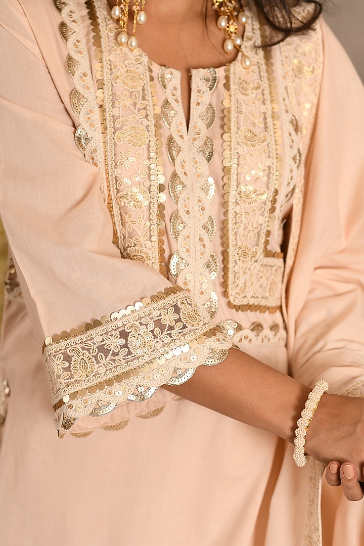 Sugared Peach Cotton Mulmul Embroidered Kurta Set by Amrita Artisanal at Pernia's Pop Up Shop