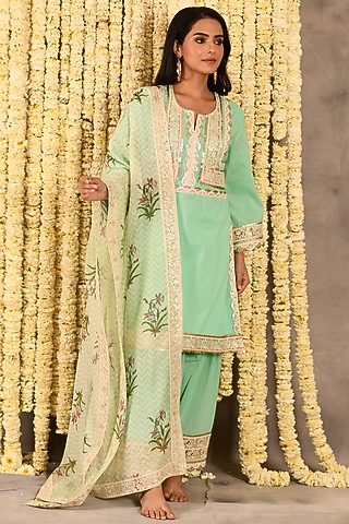 Aqua Marine Cotton Mulmul Embroidered Kurta Set  by Amrita Artisanal