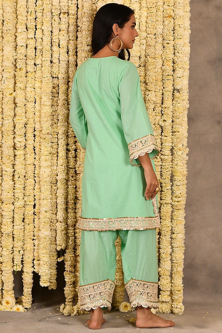 Aqua Marine Cotton Mulmul Embroidered Kurta Set  by Amrita Artisanal at Pernia's Pop Up Shop