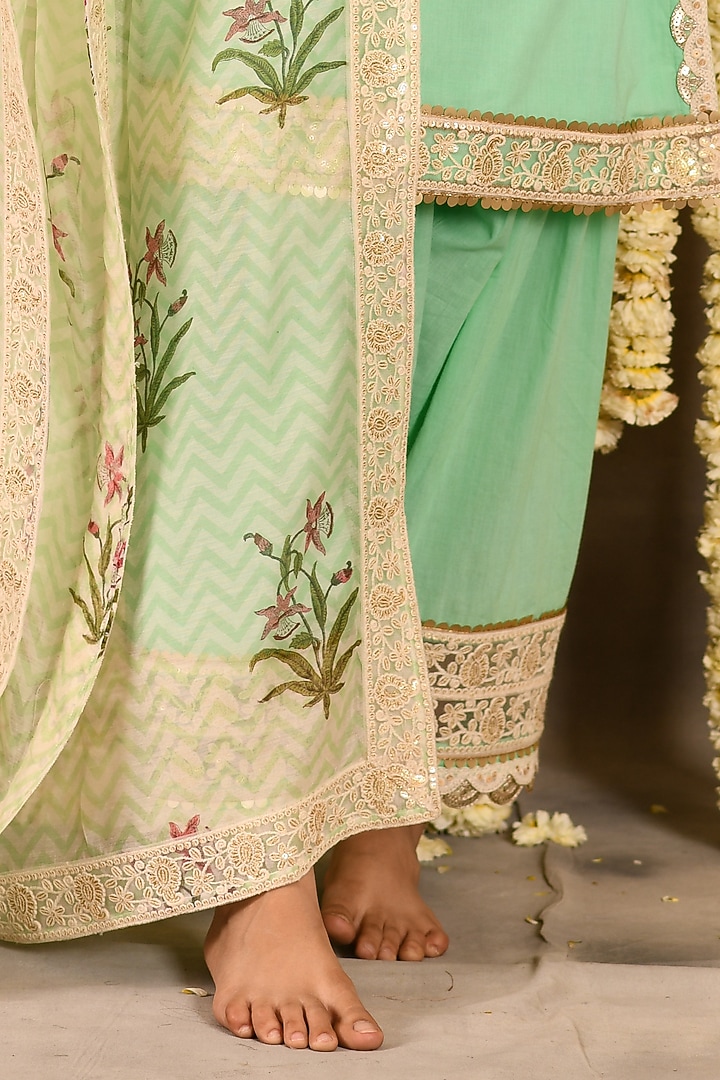 Aqua Marine Cotton Mulmul Embroidered Kurta Set  by Amrita Artisanal at Pernia's Pop Up Shop