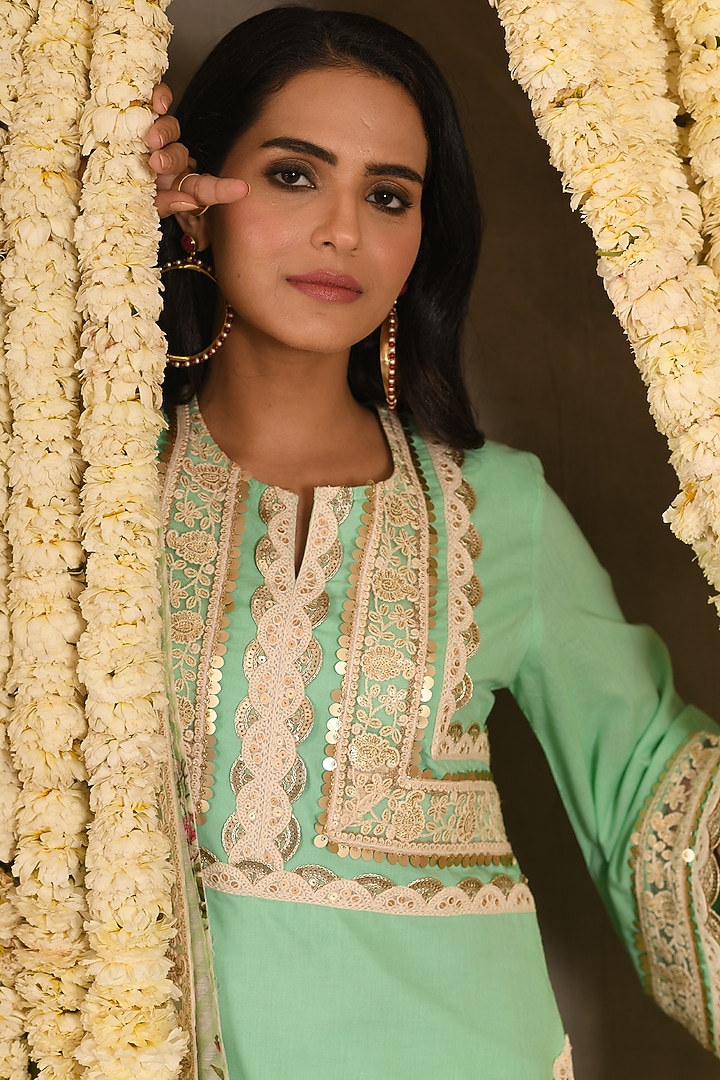 Aqua Marine Cotton Mulmul Embroidered Kurta Set  by Amrita Artisanal at Pernia's Pop Up Shop