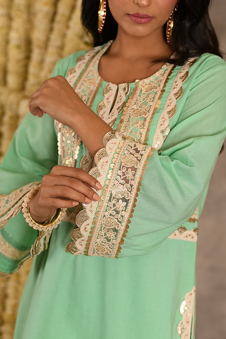Aqua Marine Cotton Mulmul Embroidered Kurta Set  by Amrita Artisanal at Pernia's Pop Up Shop