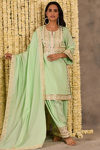 Pista Green Cotton Mulmul Embroidered Kurta Set by Amrita Artisanal