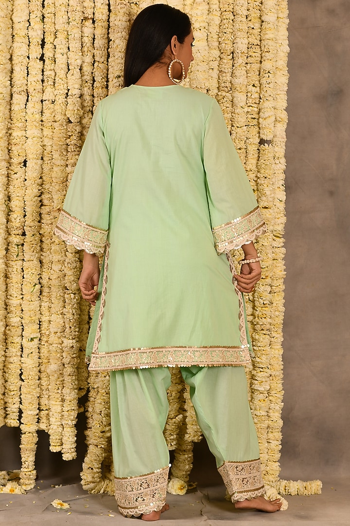 Pista Green Cotton Mulmul Embroidered Kurta Set by Amrita Artisanal at Pernia's Pop Up Shop