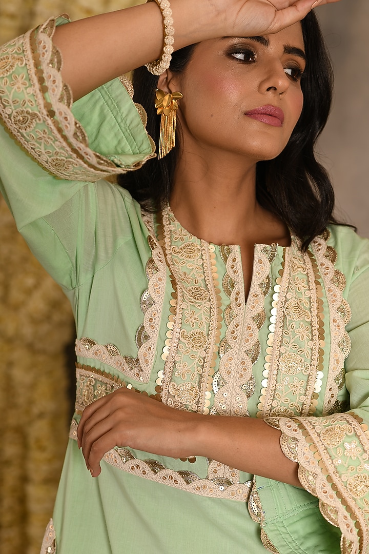 Pista Green Cotton Mulmul Embroidered Kurta Set by Amrita Artisanal at Pernia's Pop Up Shop