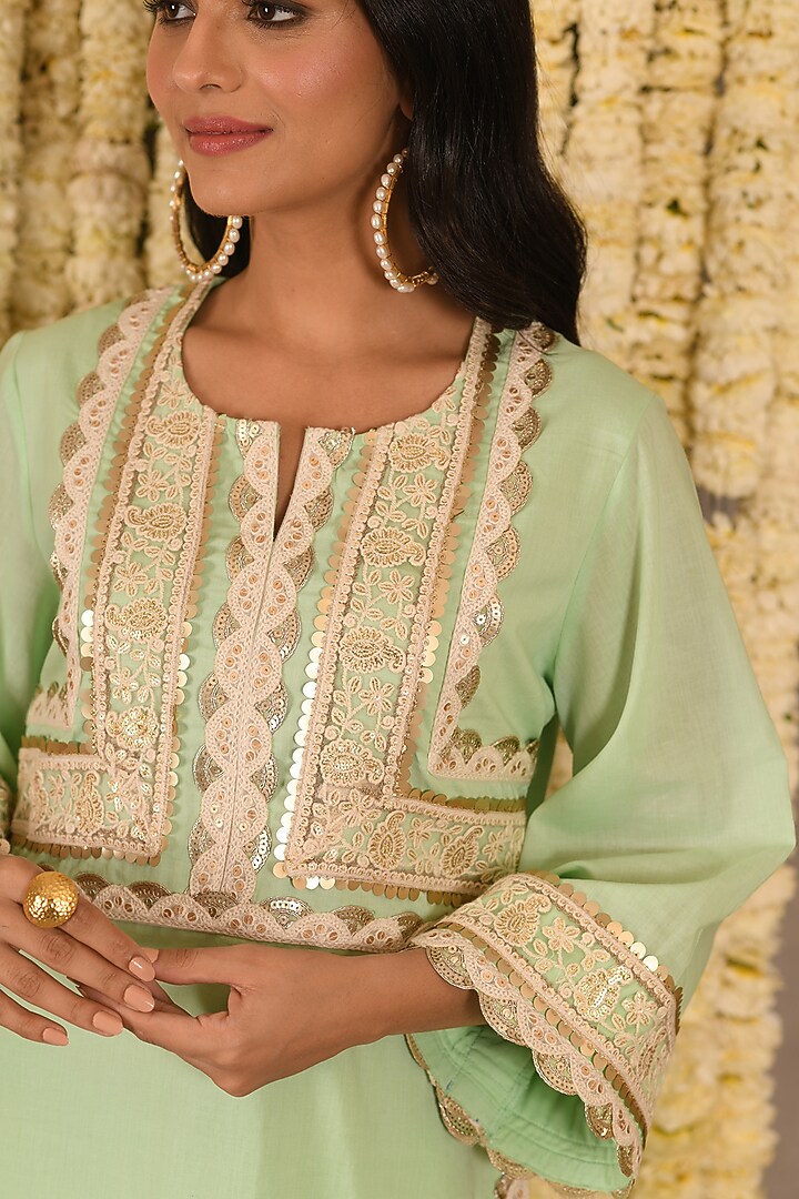 Pista Green Cotton Mulmul Embroidered Kurta Set by Amrita Artisanal at Pernia's Pop Up Shop