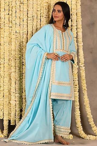 Aqua Blue Cotton Mulmul Embroidered Kurta Set by Amrita Artisanal