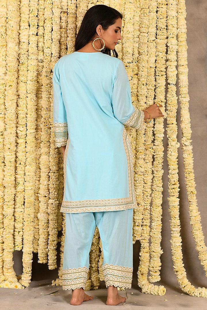 Aqua Blue Cotton Mulmul Embroidered Kurta Set by Amrita Artisanal at Pernia's Pop Up Shop