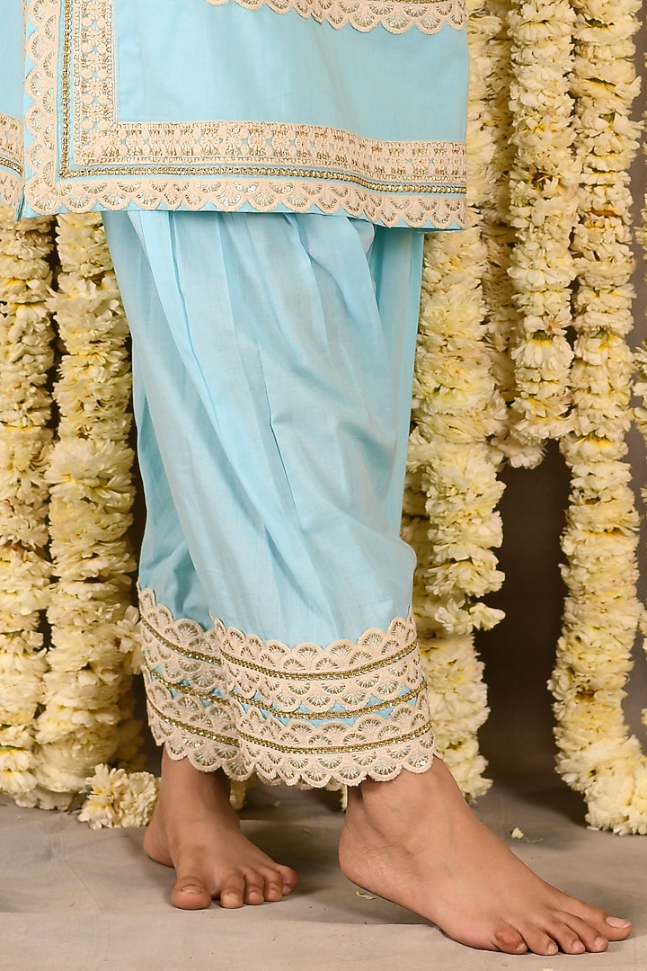 Aqua Blue Cotton Mulmul Embroidered Kurta Set by Amrita Artisanal at Pernia's Pop Up Shop