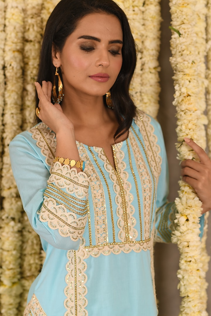 Aqua Blue Cotton Mulmul Embroidered Kurta Set by Amrita Artisanal at Pernia's Pop Up Shop