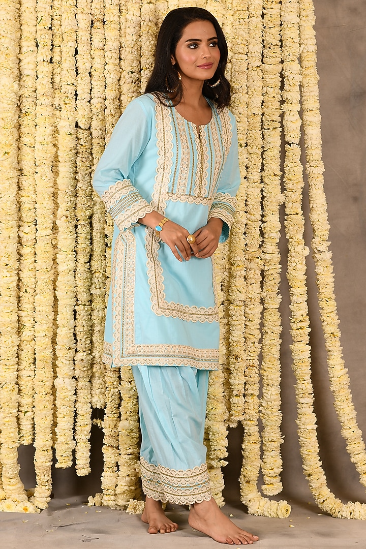 Aqua Blue Cotton Mulmul Embroidered Kurta Set by Amrita Artisanal at Pernia's Pop Up Shop