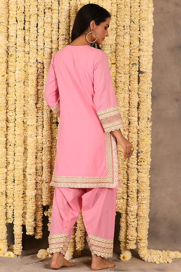 Cupcake Pink Cotton Mulmul Embroidered Kurta Set by Amrita Artisanal at Pernia's Pop Up Shop
