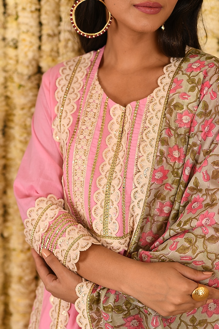 Cupcake Pink Cotton Mulmul Embroidered Kurta Set by Amrita Artisanal at Pernia's Pop Up Shop