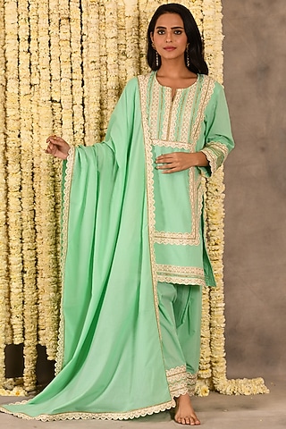 Aqua Marinha Cotton Mulmul Embroidered Kurta Set by Amrita Artisanal