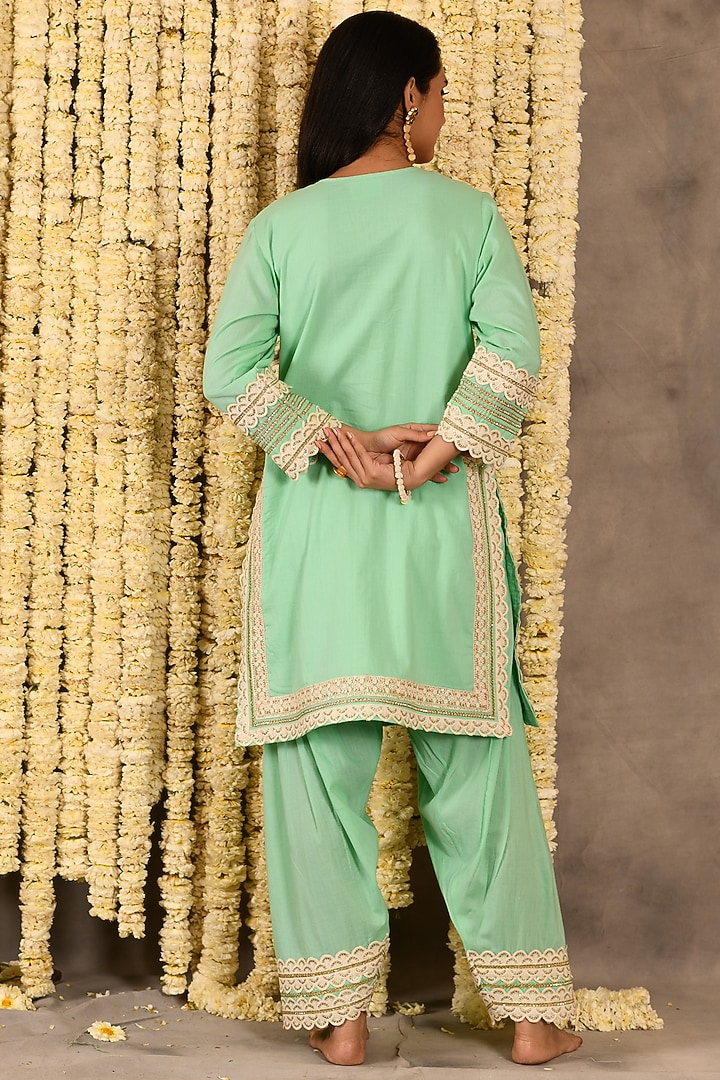 Aqua Marinha Cotton Mulmul Embroidered Kurta Set by Amrita Artisanal at Pernia's Pop Up Shop