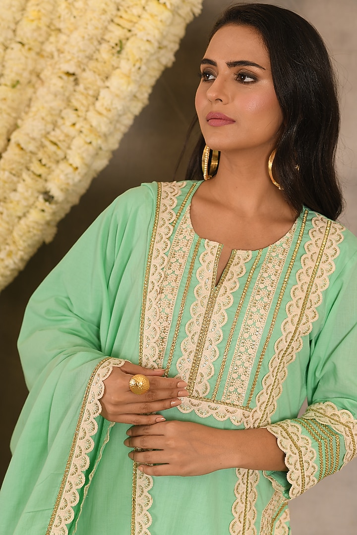 Aqua Marinha Cotton Mulmul Embroidered Kurta Set by Amrita Artisanal at Pernia's Pop Up Shop
