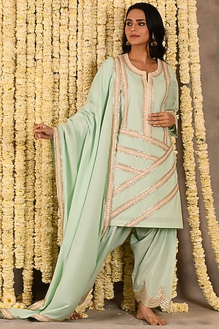 Mint Green Cotton Mulmul Embroidered Kurta Set by Amrita Artisanal