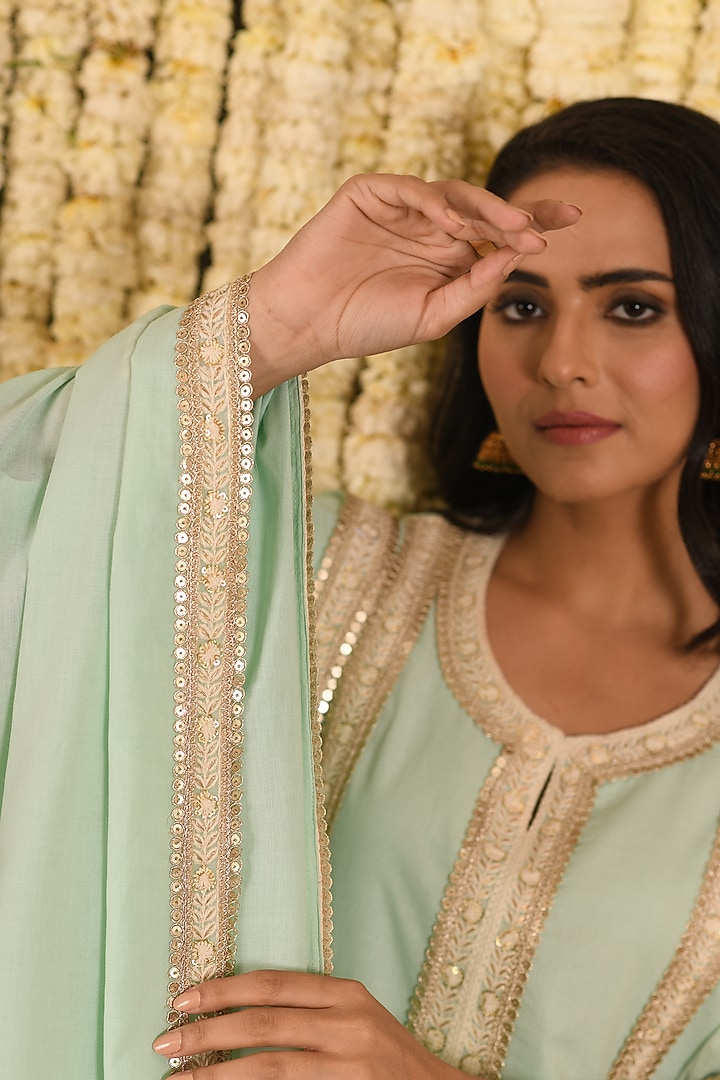 Mint Green Cotton Mulmul Embroidered Kurta Set by Amrita Artisanal at Pernia's Pop Up Shop
