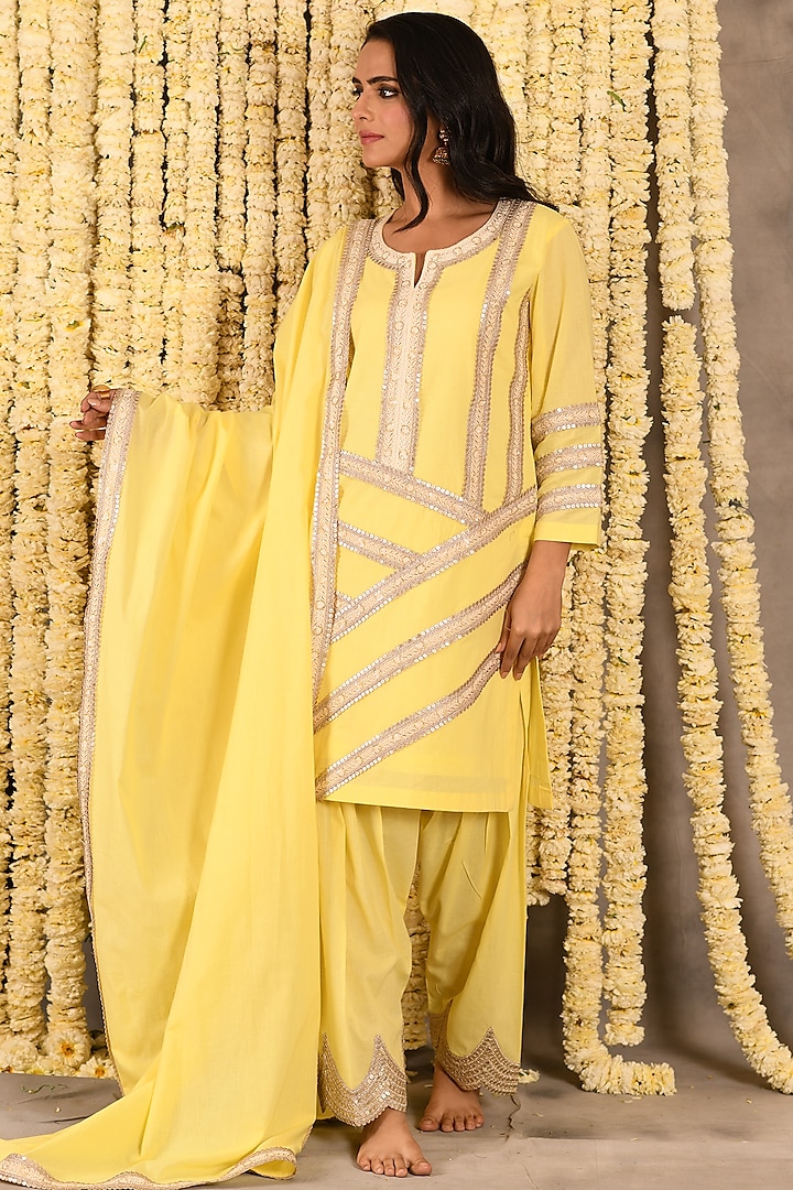 Yellow Cotton Mulmul Embroidered Kurta Set by Amrita Artisanal