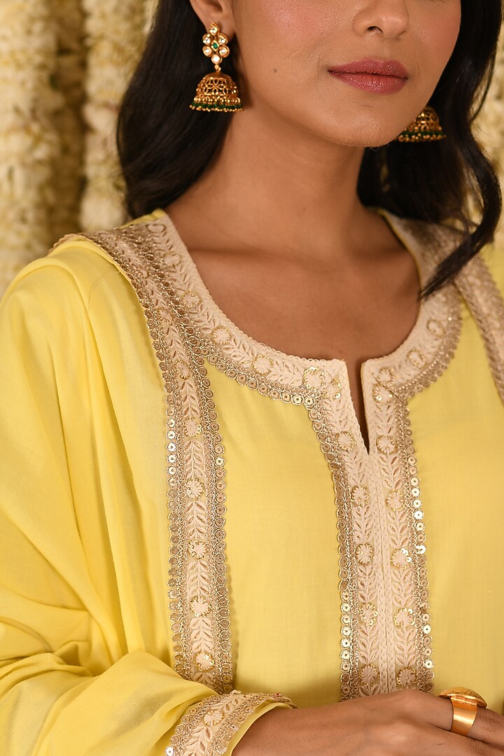 Yellow Cotton Mulmul Embroidered Kurta Set by Amrita Artisanal at Pernia's Pop Up Shop