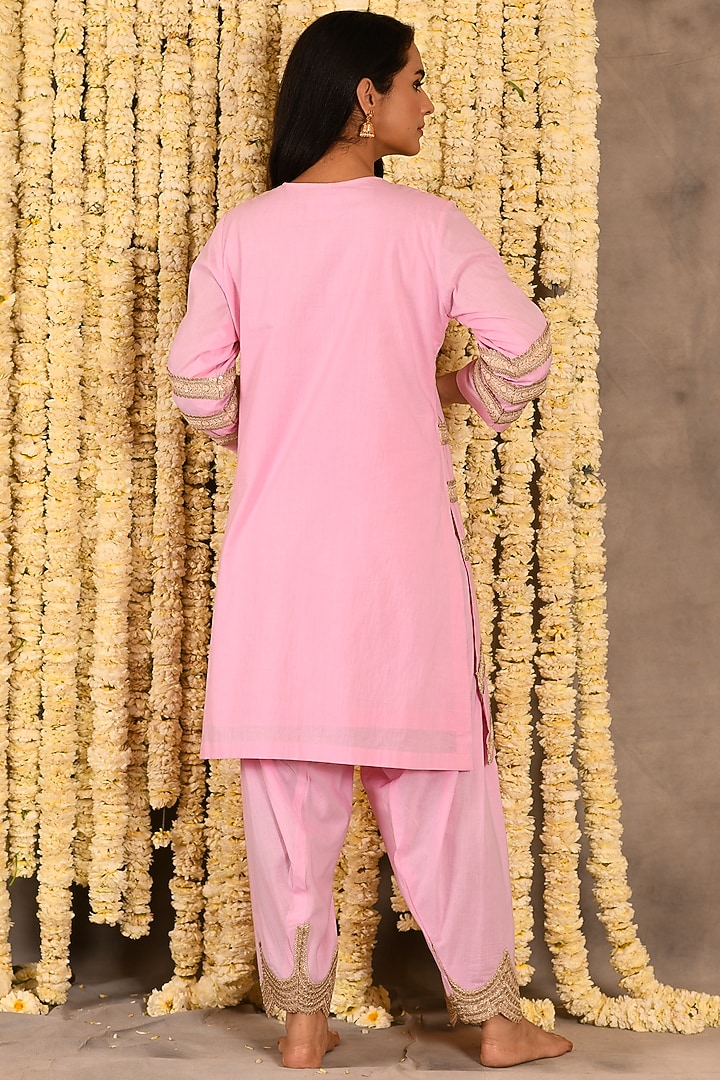 Bubblegum Pink Cotton Mulmul Embroidered Kurta Set by Amrita Artisanal at Pernia's Pop Up Shop