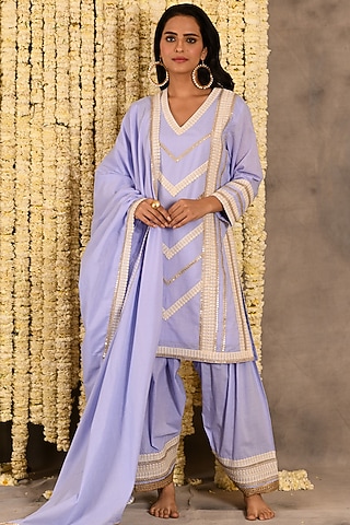 Lilac Purple Cotton Mulmul Embroidered Kurta Set by Amrita Artisanal